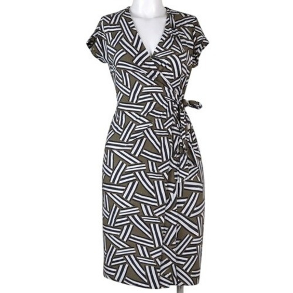 Diane Von Furstenberg Olive Green and White Geometric Wrap Dress
